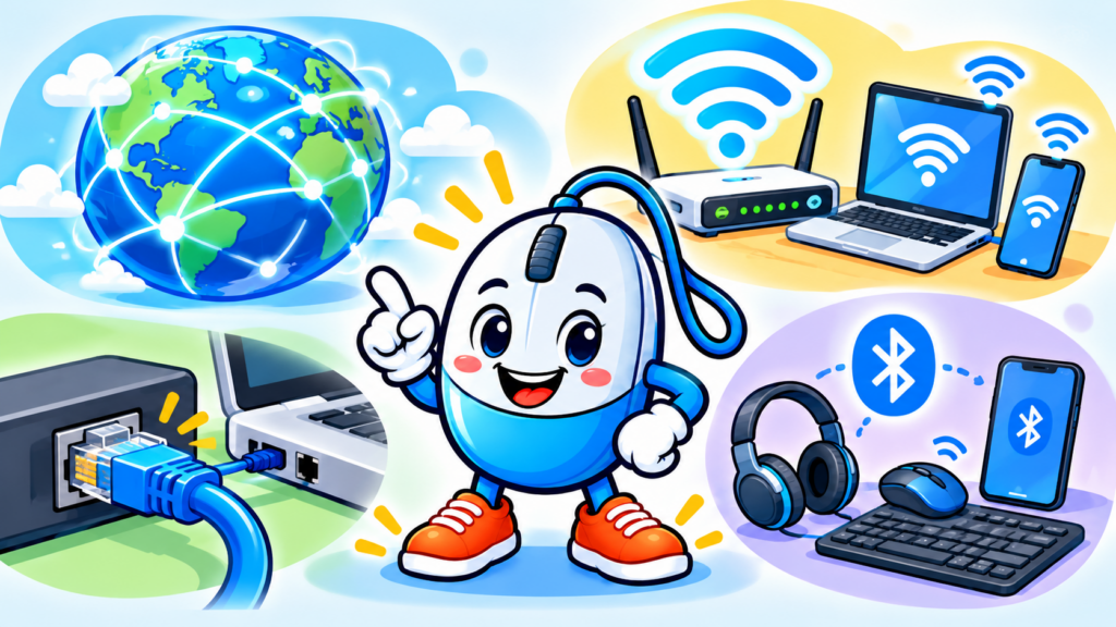 CLICK présente quatre technologies distinctes : Internet représenté par un globe, Wi-Fi par une box, Ethernet par un câble et Bluetooth par des accessoires sans fil.