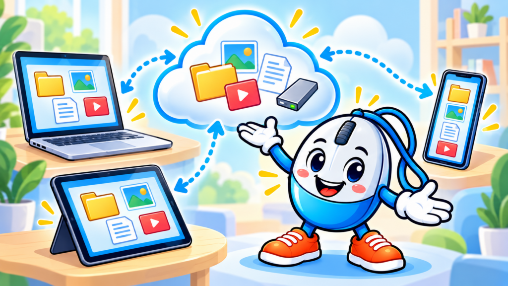 CLICK explique le cloud : fichiers et photos accessibles à un ordinateur, un téléphone et une tablette, reliés à un serveur en ligne.