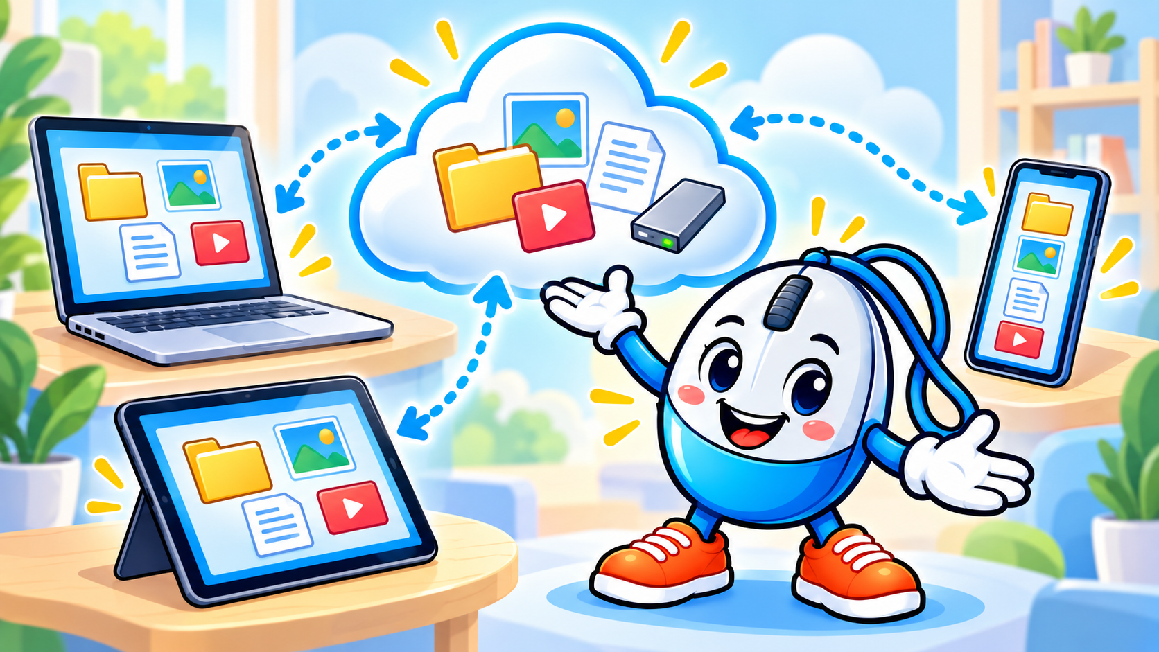 CLICK explique le cloud : fichiers et photos accessibles à un ordinateur, un téléphone et une tablette, reliés à un serveur en ligne.