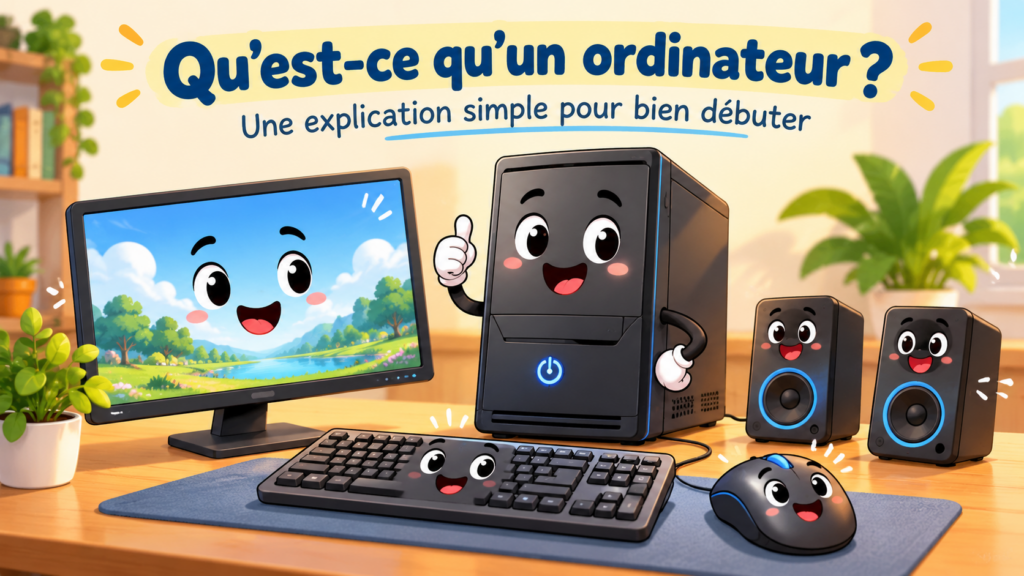 Illustration pédagogique présentant simplement un ordinateur et ses principaux éléments