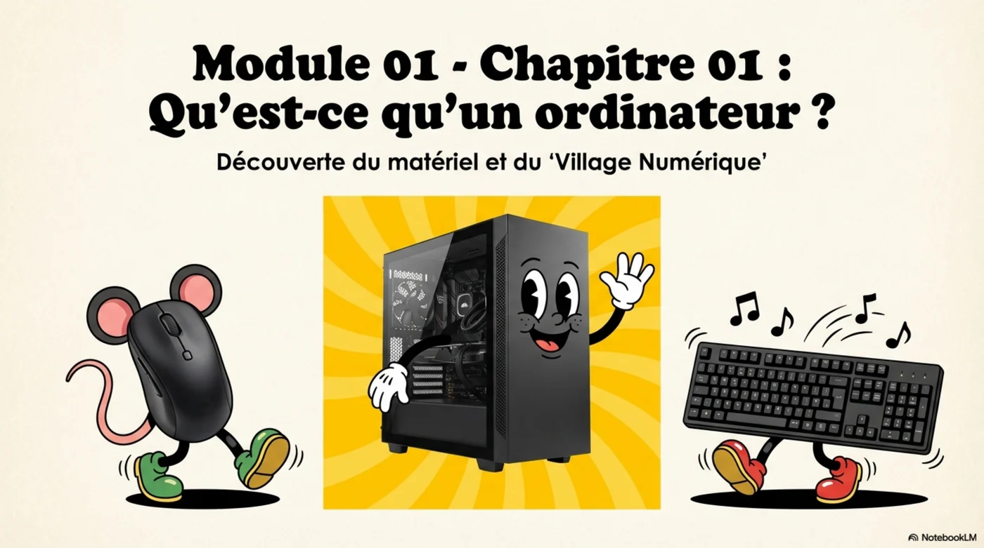 Illustration du chapitre Qu’est-ce qu’un ordinateur avec une unité centrale, une souris et un clavier