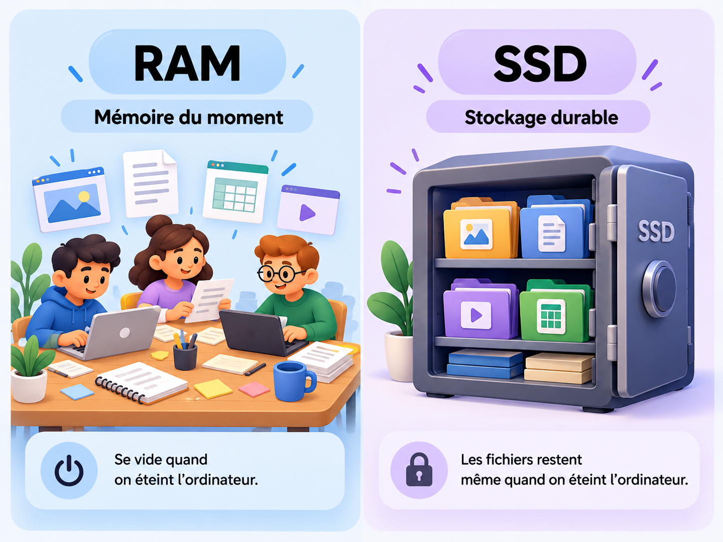 Illustration comparant la RAM, mémoire temporaire, et le SSD, stockage durable