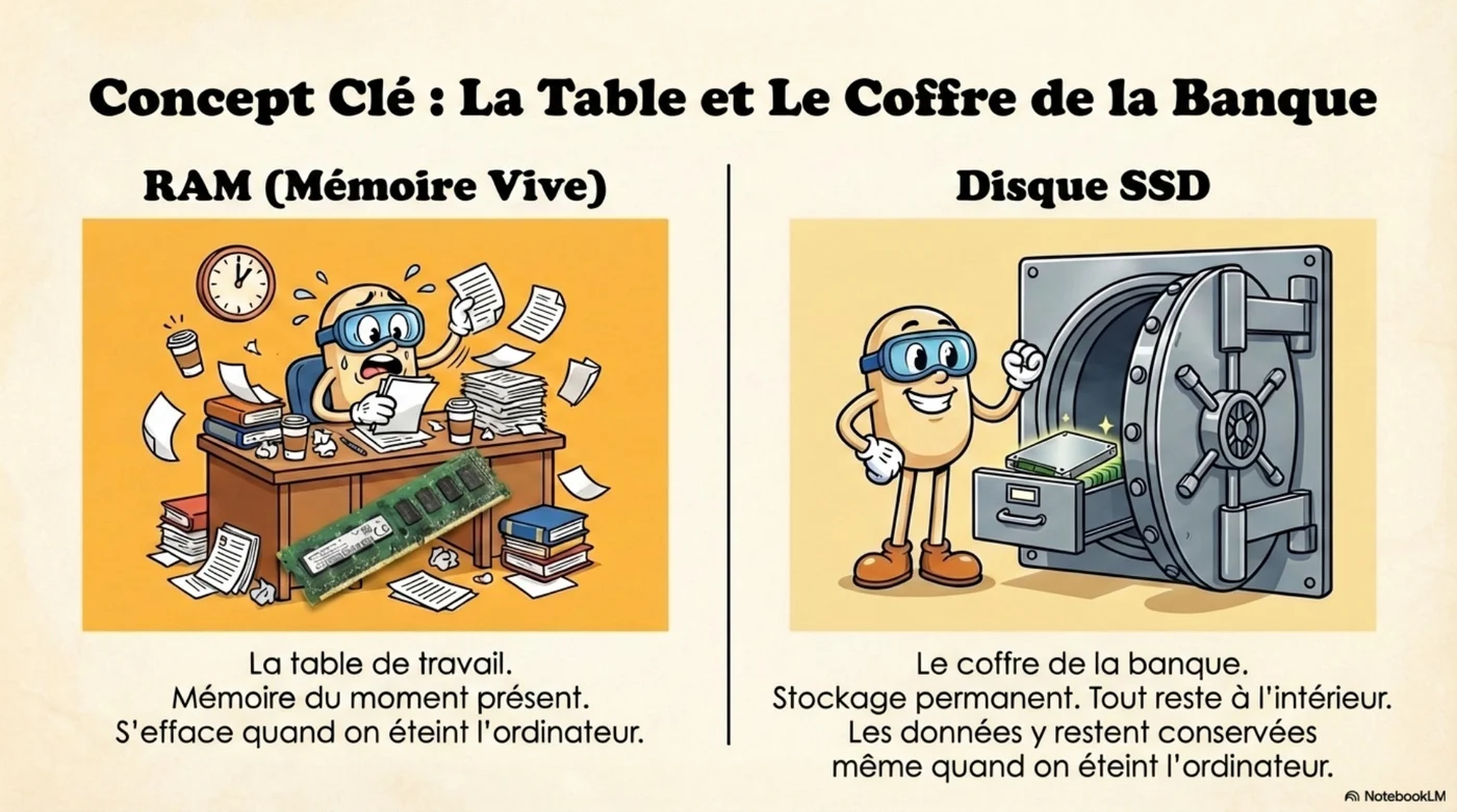 Illustration comparant la RAM, table de travail, et le SSD, coffre de la banque