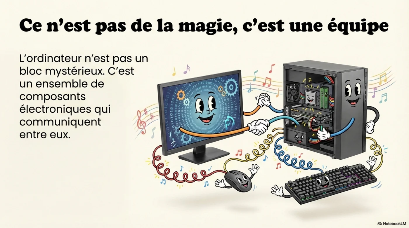 Illustration montrant les différents éléments d’un ordinateur qui communiquent entre eux