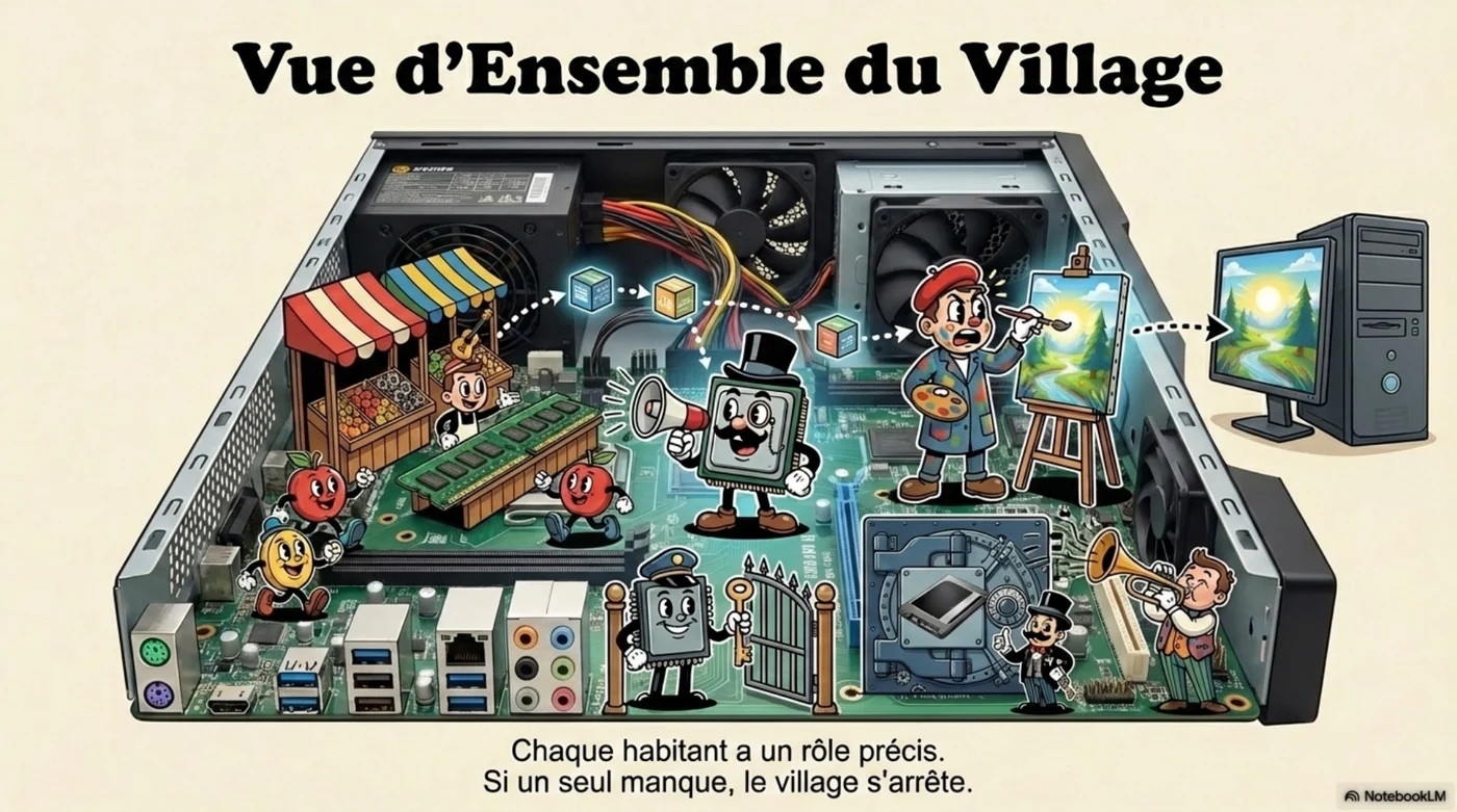 Illustration du Village Numérique représentant les composants d’un ordinateur comme les habitants d’un village